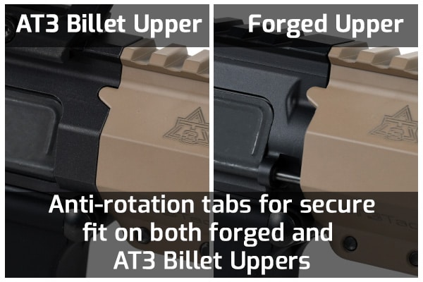 Anti Rotation Tabs for Secure Fit on Both Forged and AT3 Billet Uppers