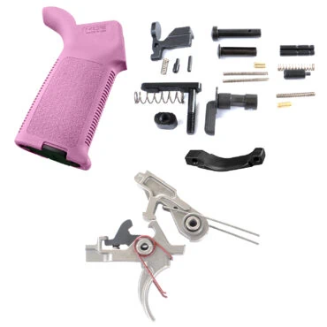 AT3 Tactical Lower Parts Kit with 2 Stage Nickel Boron Trigger and Magpul MOE Grip - Pink, With Trigger Guard