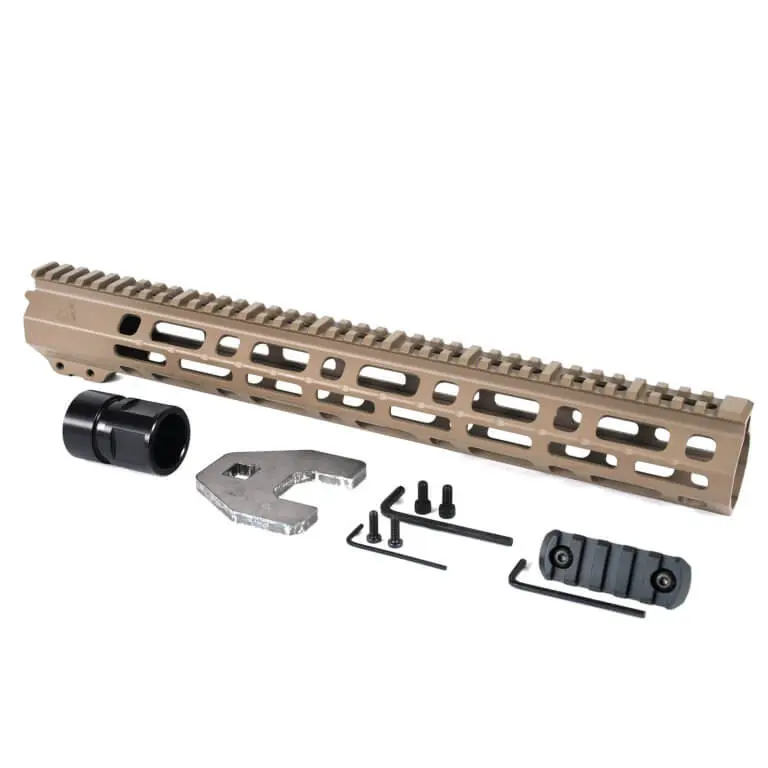AT3 Tactical Spear M-LOK Free Float Handguard Flat Dark Earth 15 Inch with Barrel Nut, 5 Slot Rail, and Hardware